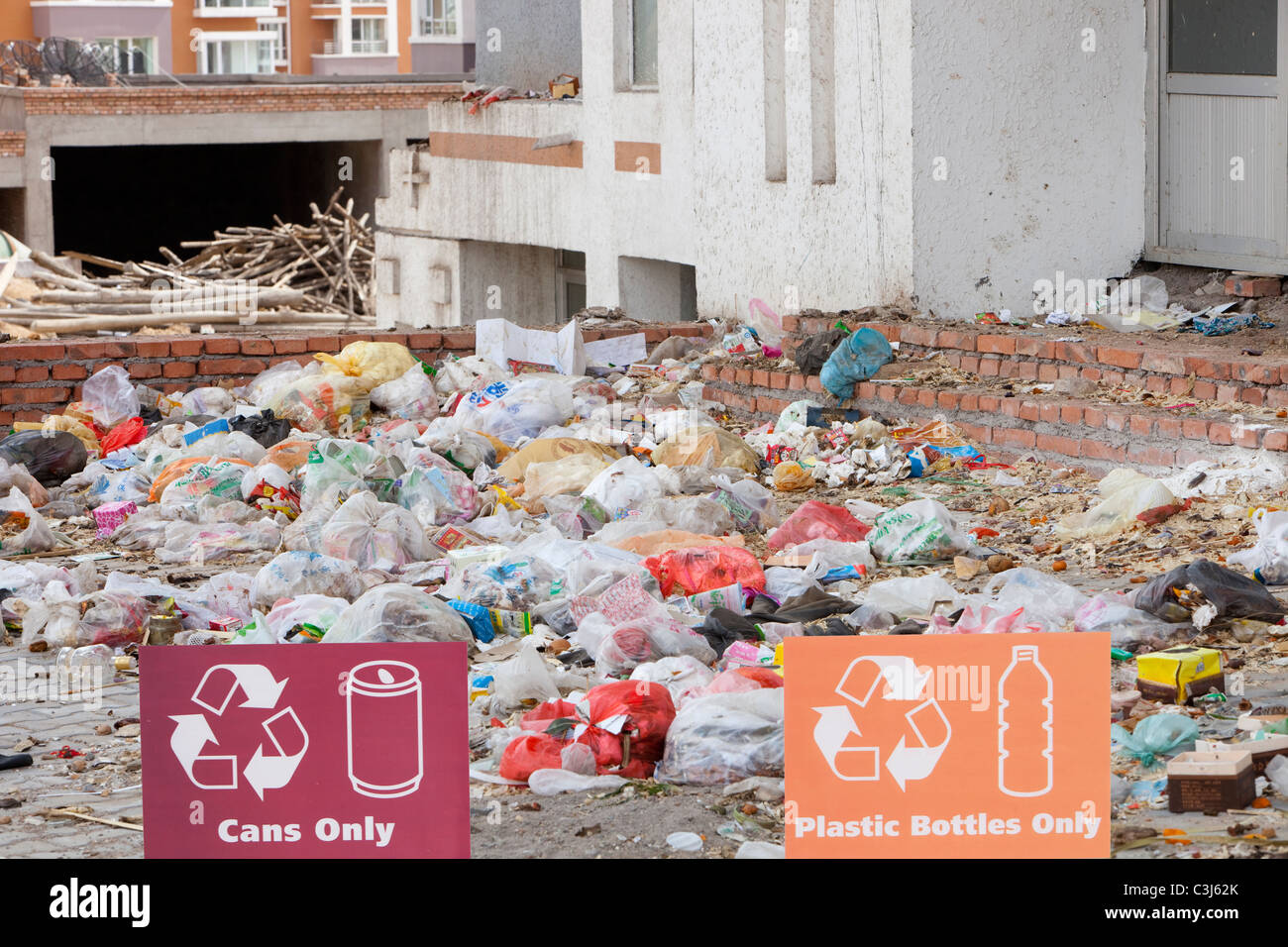 Rubbish lies piled up in the streets of Dongsheng in Inner Mongolia. Stock Photo