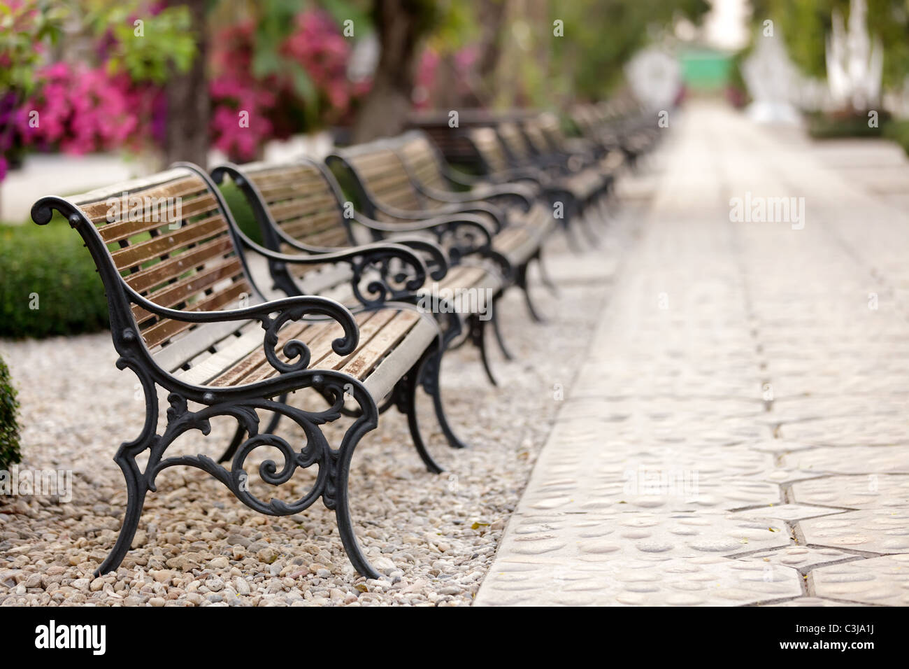 row of benches in asian park, shallow depth of field with selective focus on the first bench Stock Photo