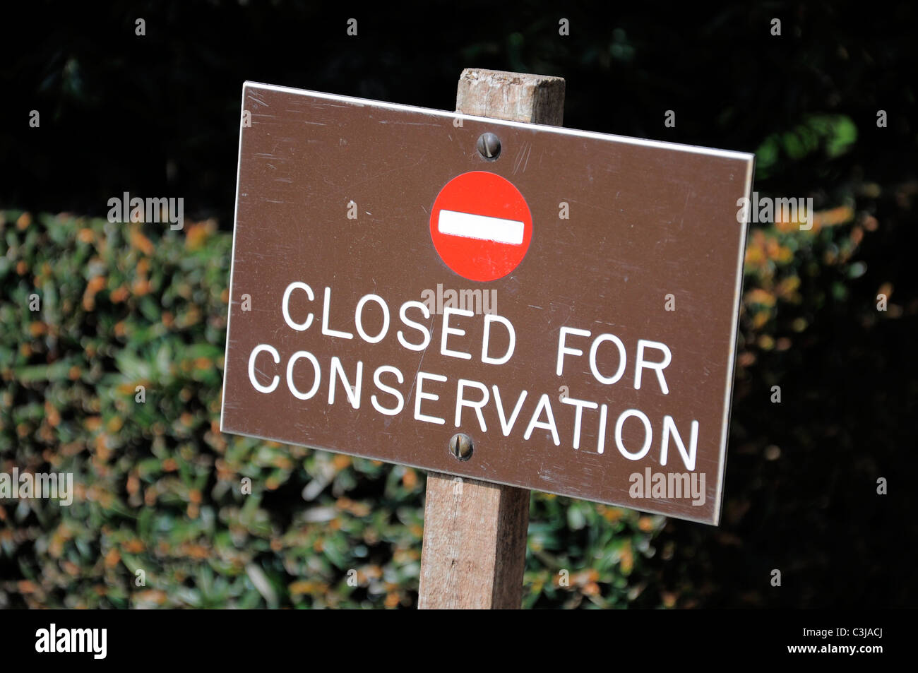 Closed for conservation sign in a section of a National Trust property gardens. Stock Photo