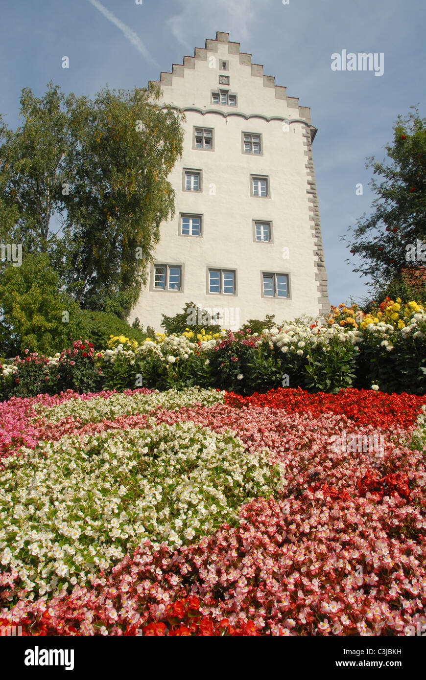 Flower beds in front of the Bischofsburg, now a hotel, in Markdorf, Upper Swabia, near Lake Constance in Baden-Württemberg Stock Photo