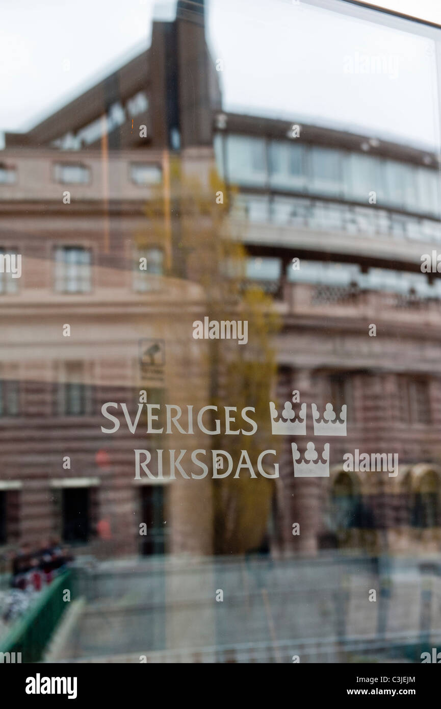 Swedens parliament building and logo Stock Photo