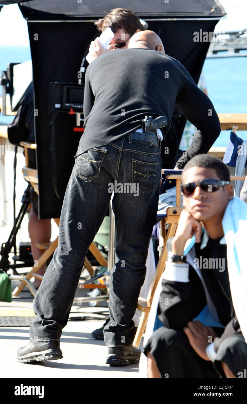 LL Cool J on the set of his television show 'NCIS Los Angeles' filming