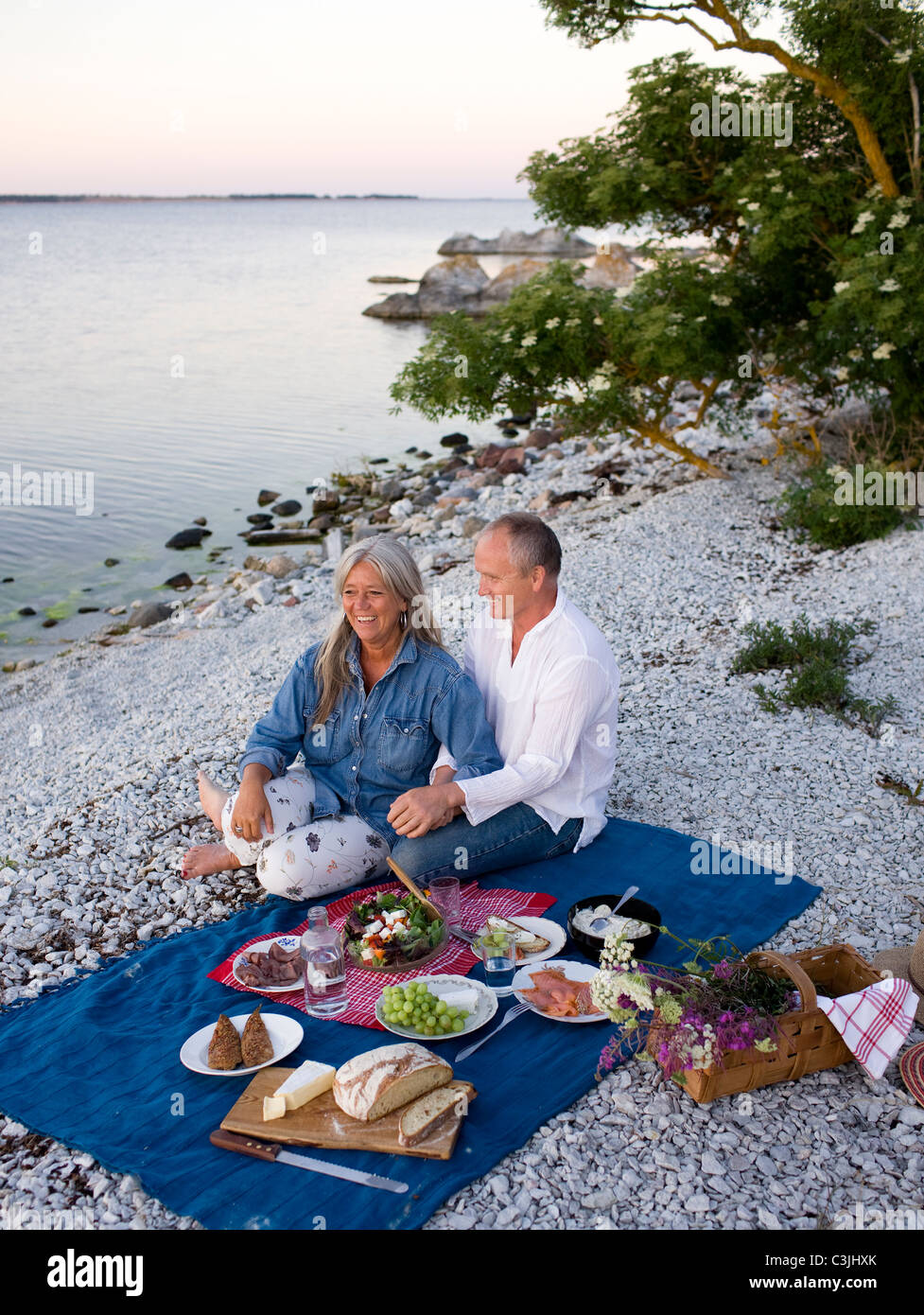 Mature couple having picnic on beach Stock Photo