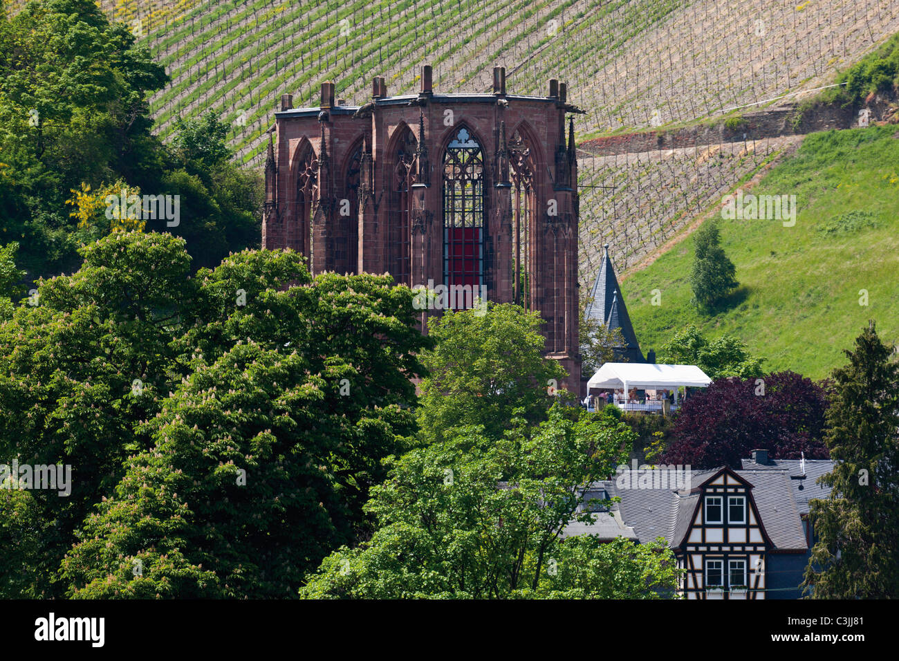 Europe, Germany, Rhineland-Palatinate, View of wernerkapelle chapel and bacharach village Stock Photo