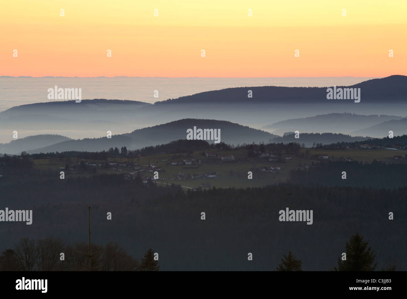 sunrise in Bavarian Forest germany, bavaria dawn Stock Photo