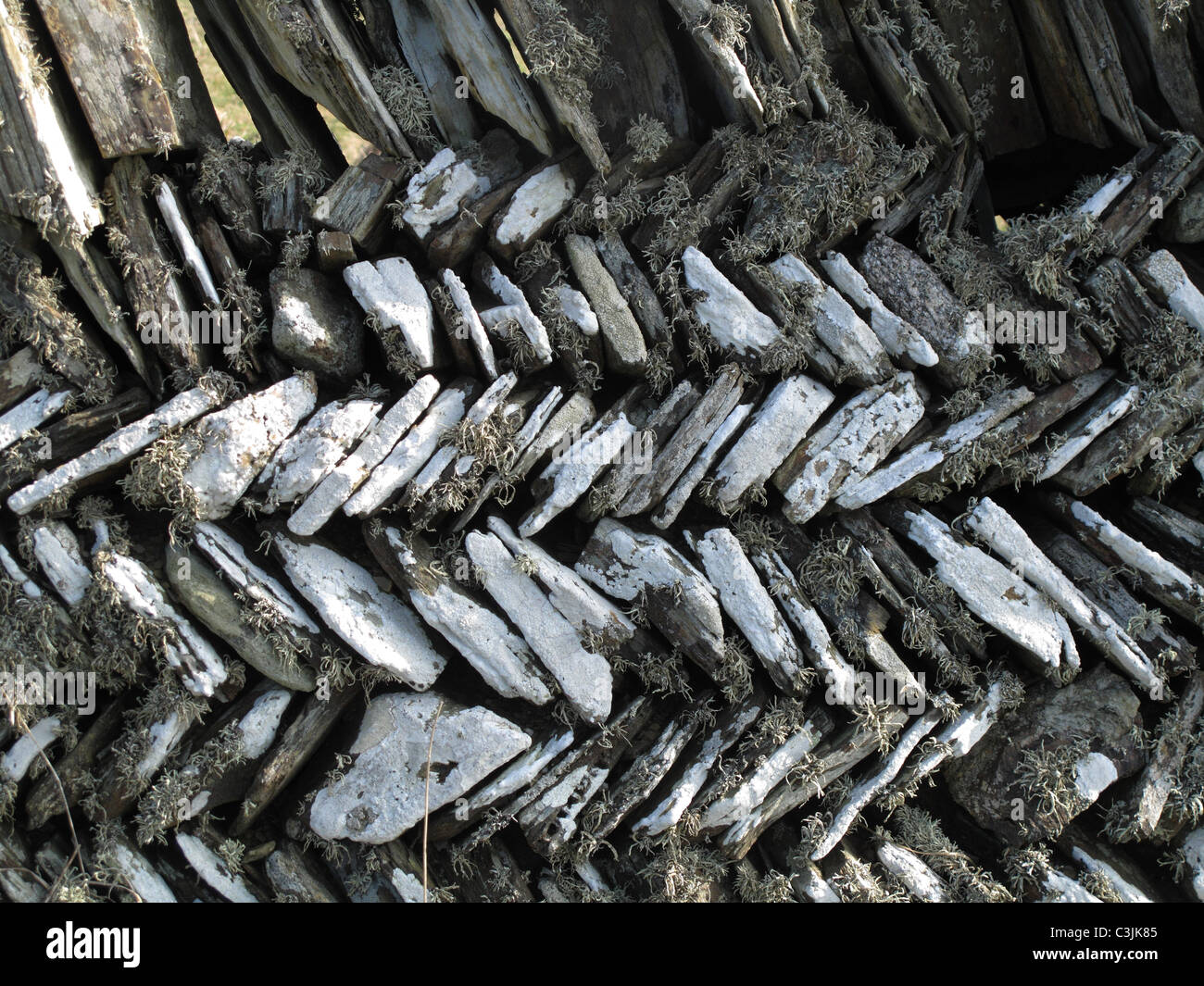 Cornish herring-bone stone wall, Tintagel, Cornwall, March Stock Photo