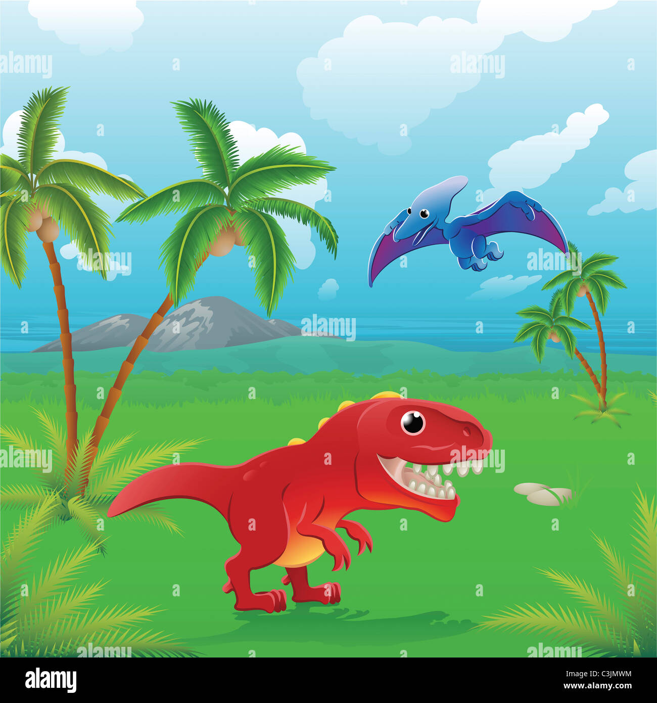 Cute dinosaurs in prehistoric scene. Three illustrations can be used separately or side by side to form panoramic landscape. Stock Photo
