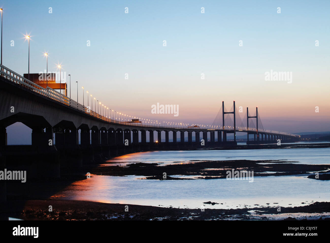 The Second River Severn Bridge Crossing at Dusk. The Bridge connects