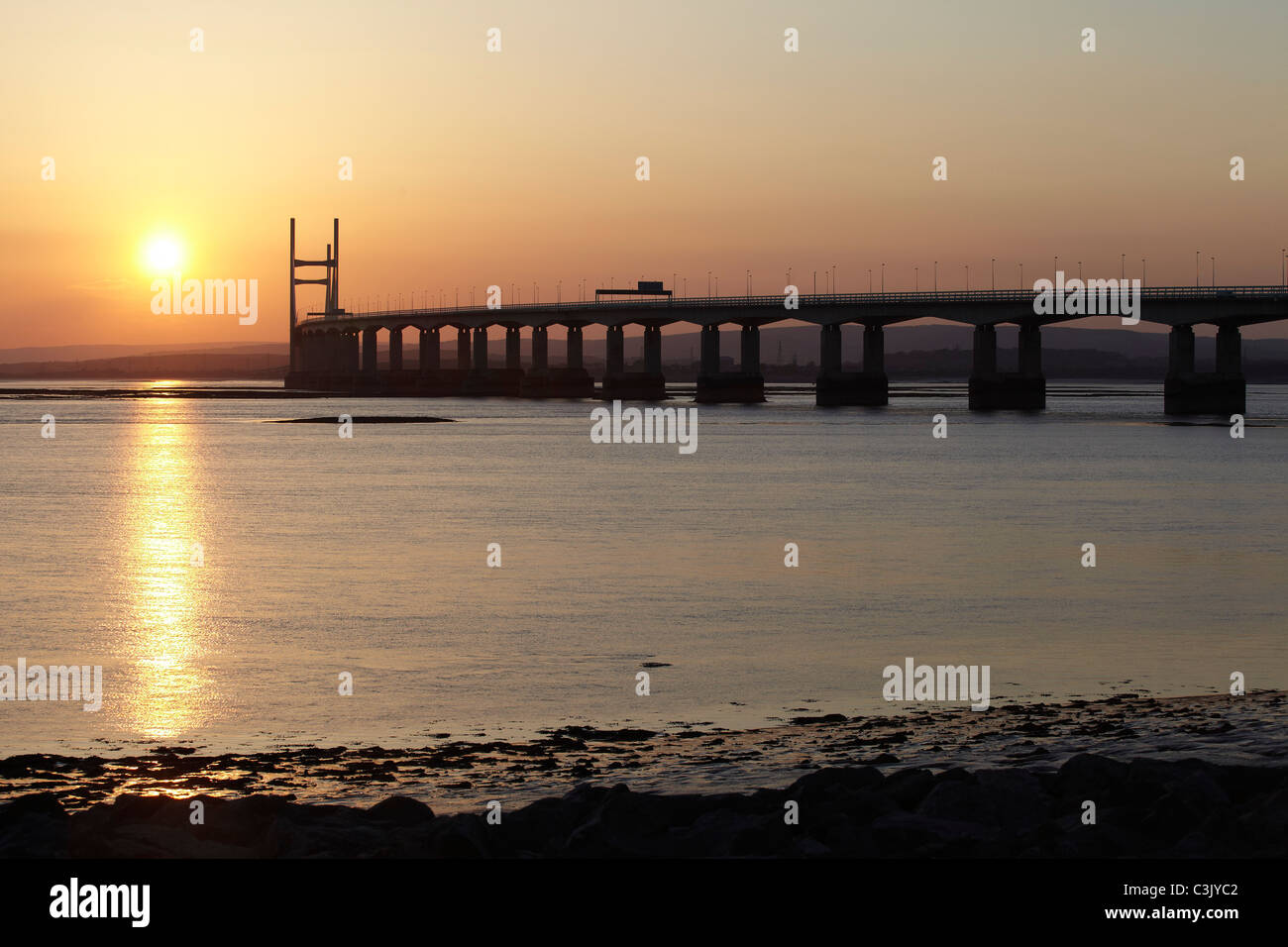The Second River Severn Bridge Crossing at Dusk. The Bridge connects England to Wales carrying the M4 Motorway. Stock Photo