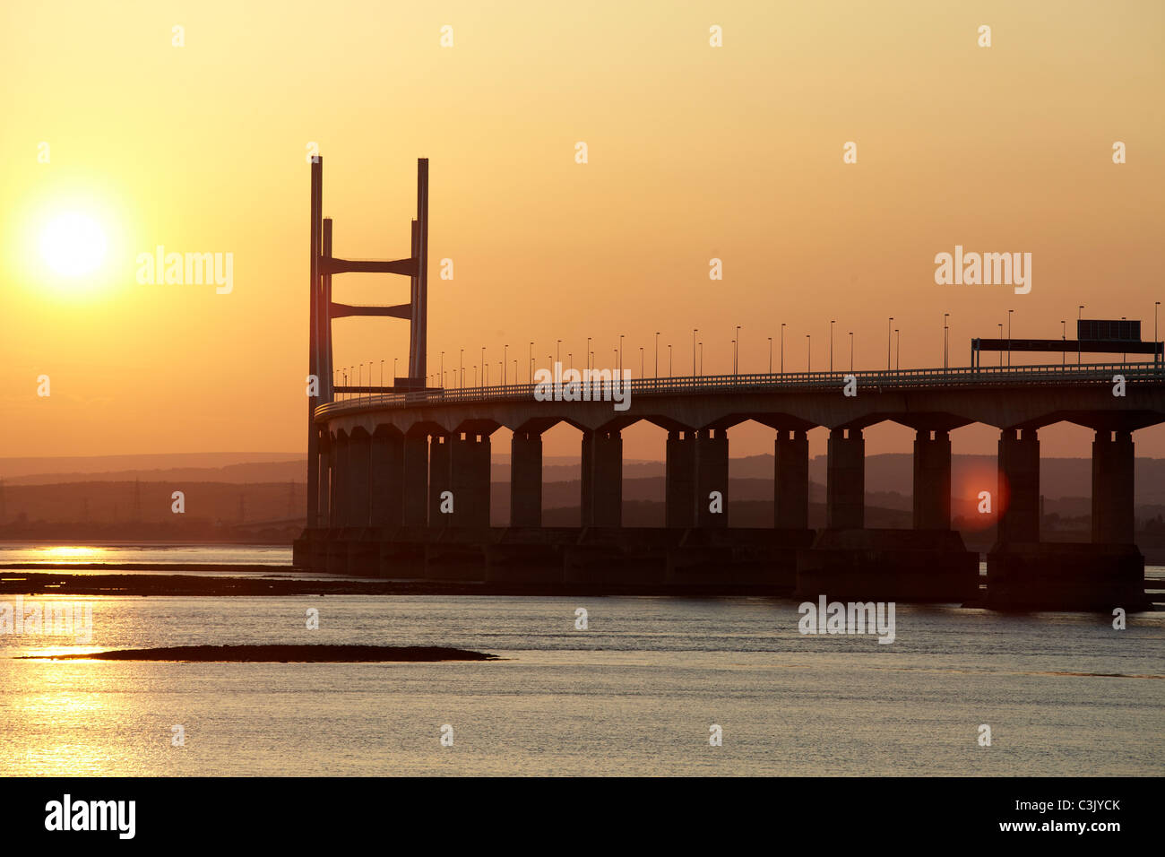 The Second River Severn Bridge Crossing at Dusk. The Bridge connects England to Wales carrying the M4 Motorway. Stock Photo