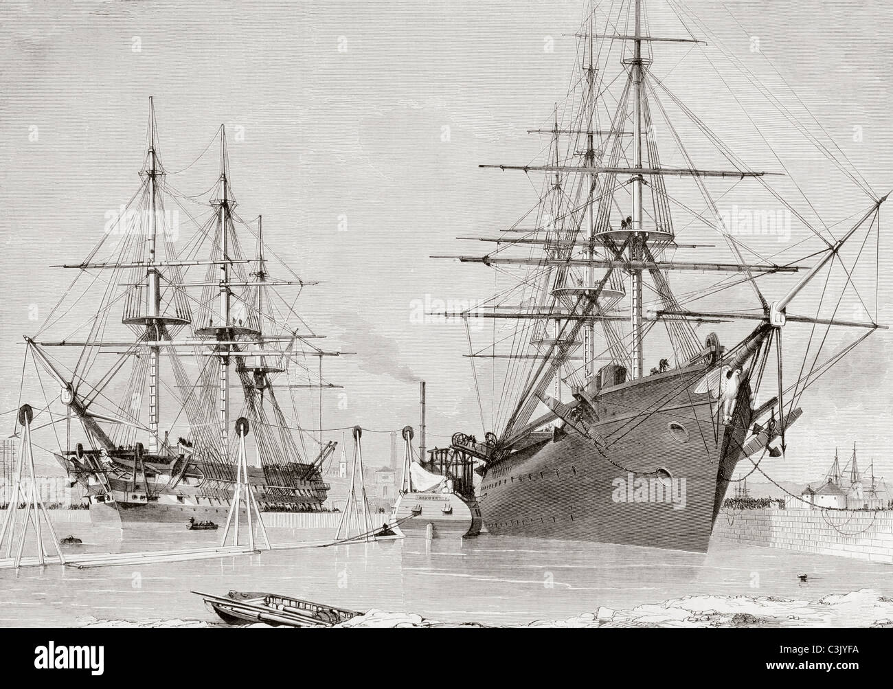 The converted warships HMS Agamemnon and USS Niagara taking aboard cable to lay for the transatlantic telegraph. Stock Photo