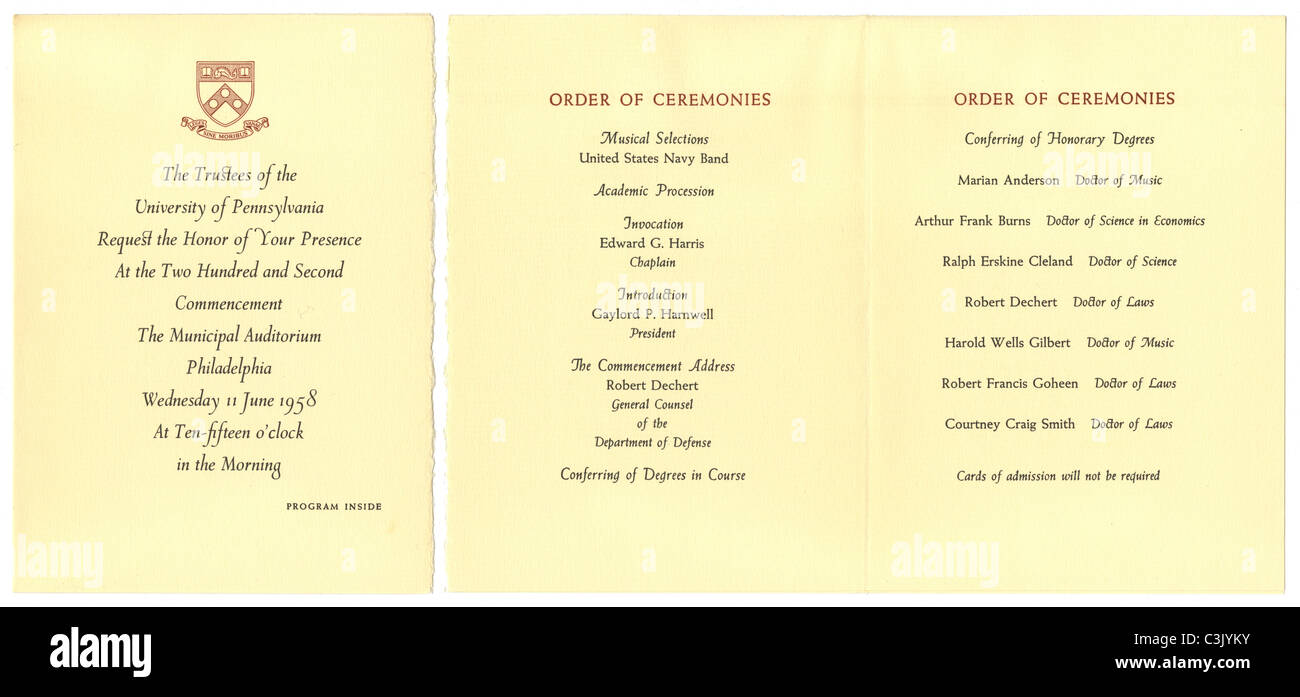 University of Pennsylvania, 1958, Philadelphia, Conferring of Honorary Degrees, Marian Anderson, Doctor of Music. Stock Photo