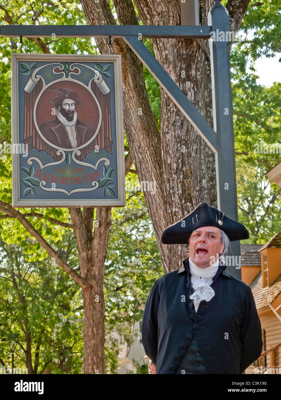 An actor portraying George Washington delivers a speech outside the Raleigh Tavern in Colonial Williamsburg, VA. Stock Photo