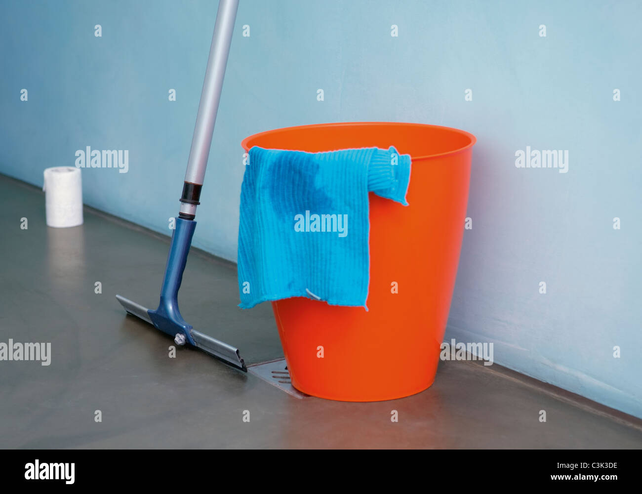 Bucket, cleaning cloth and scrubber, close up Stock Photo