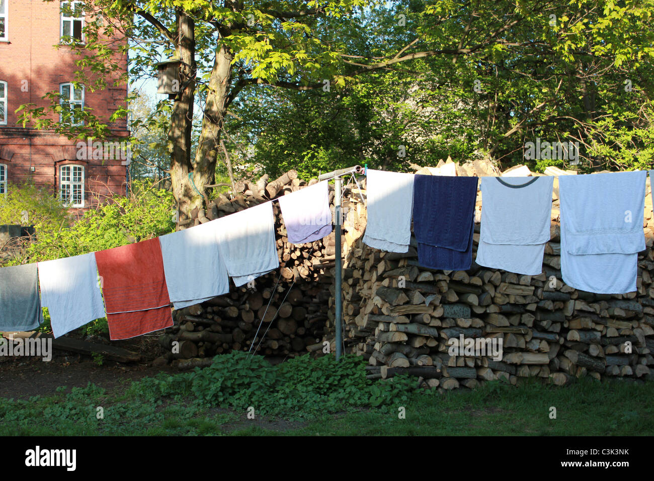 Clean laundry getting dry outside at free town Christiania, Copenhagen