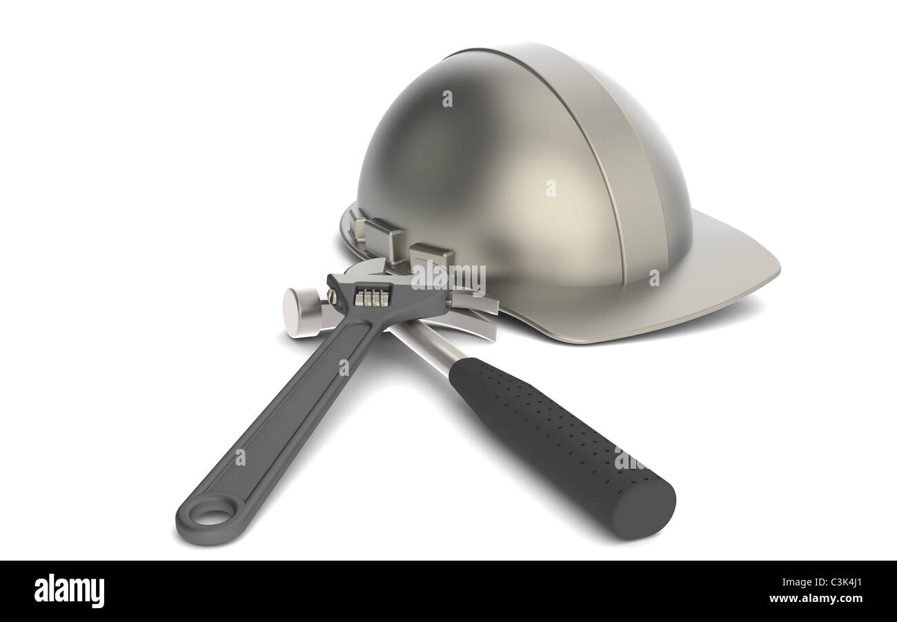Hard Hat and tools. Retro. Metal Hard Hat with tools. Wrench and Hammer