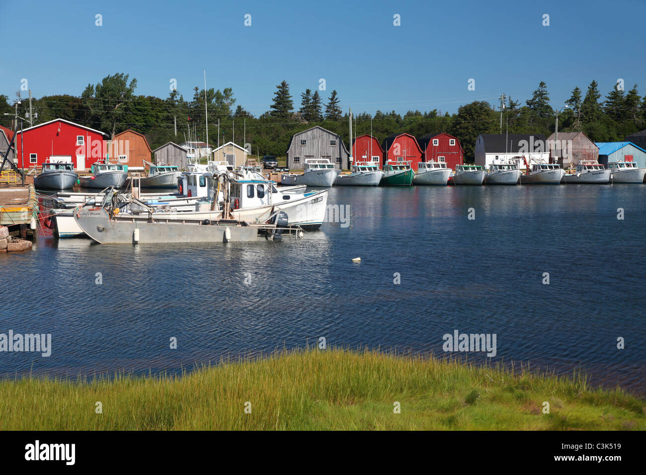 Lobster boats tied up at the wharf in Malpaque, Prince Edward Island