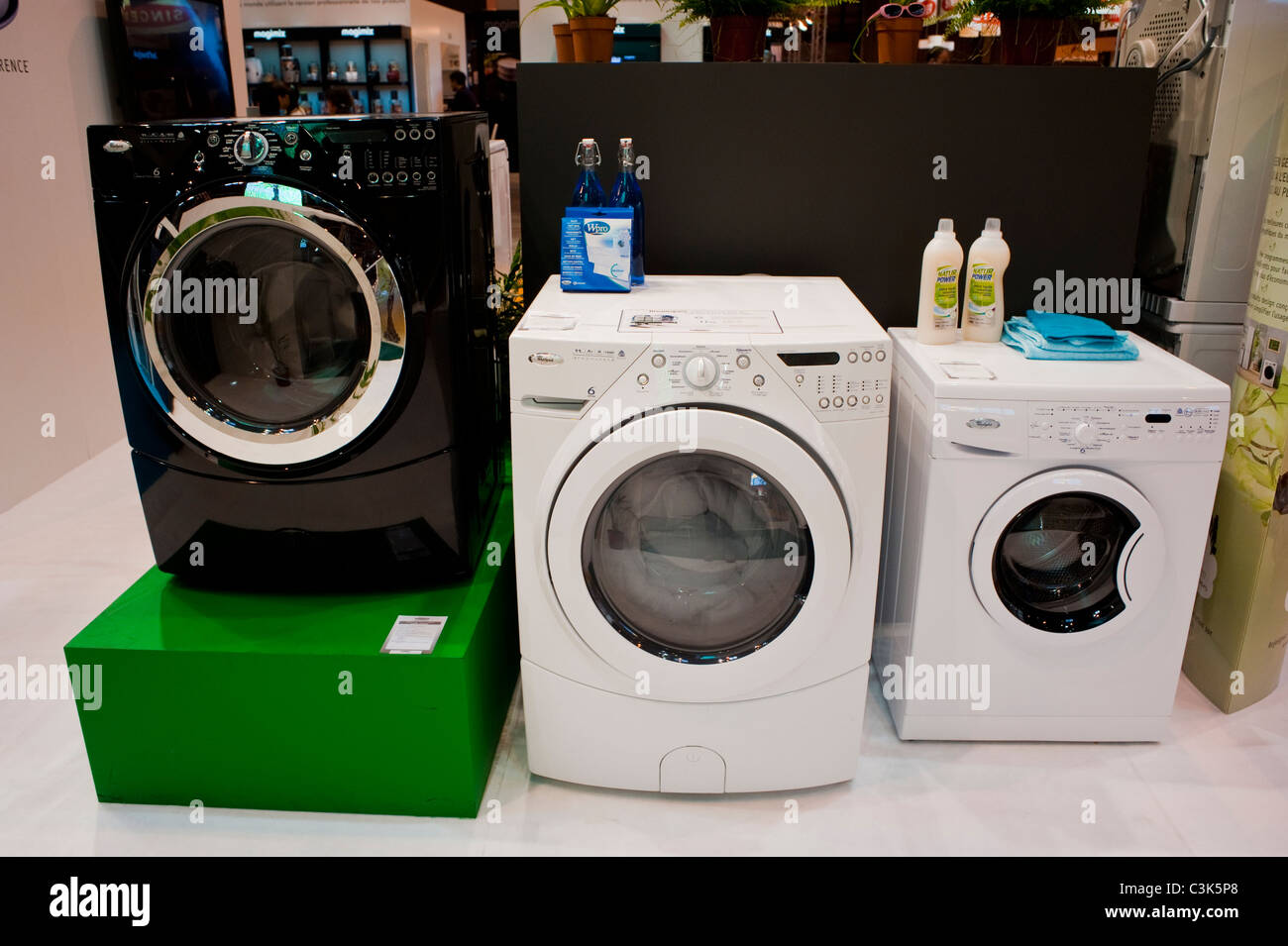 Pa-ris, France, Water Saving Washing Machines at  Consumer Trade Show, 'Foire de Pa-ris' Products on Display, global green economy concept, environmentally friendly products Stock Photo