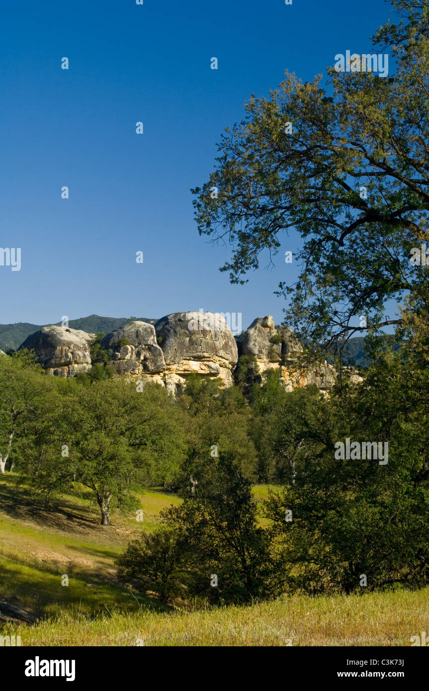 Oak trees, green hills, and rock outcrop in spring, Ventana Wilderness, Los Padres National Forest, California Stock Photo