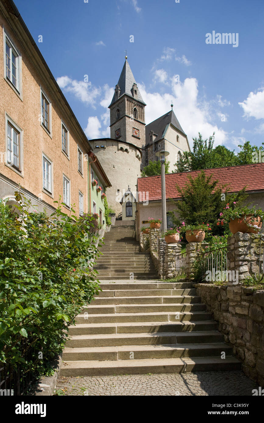 Austria, Styria, Eisenerz, View of wehranlage und kirche st.oswald Stock Photo
