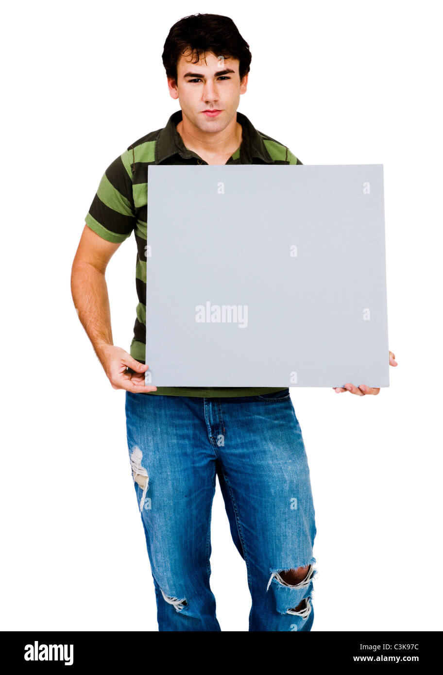 Young man showing an empty placard isolated over white Stock Photo - Alamy