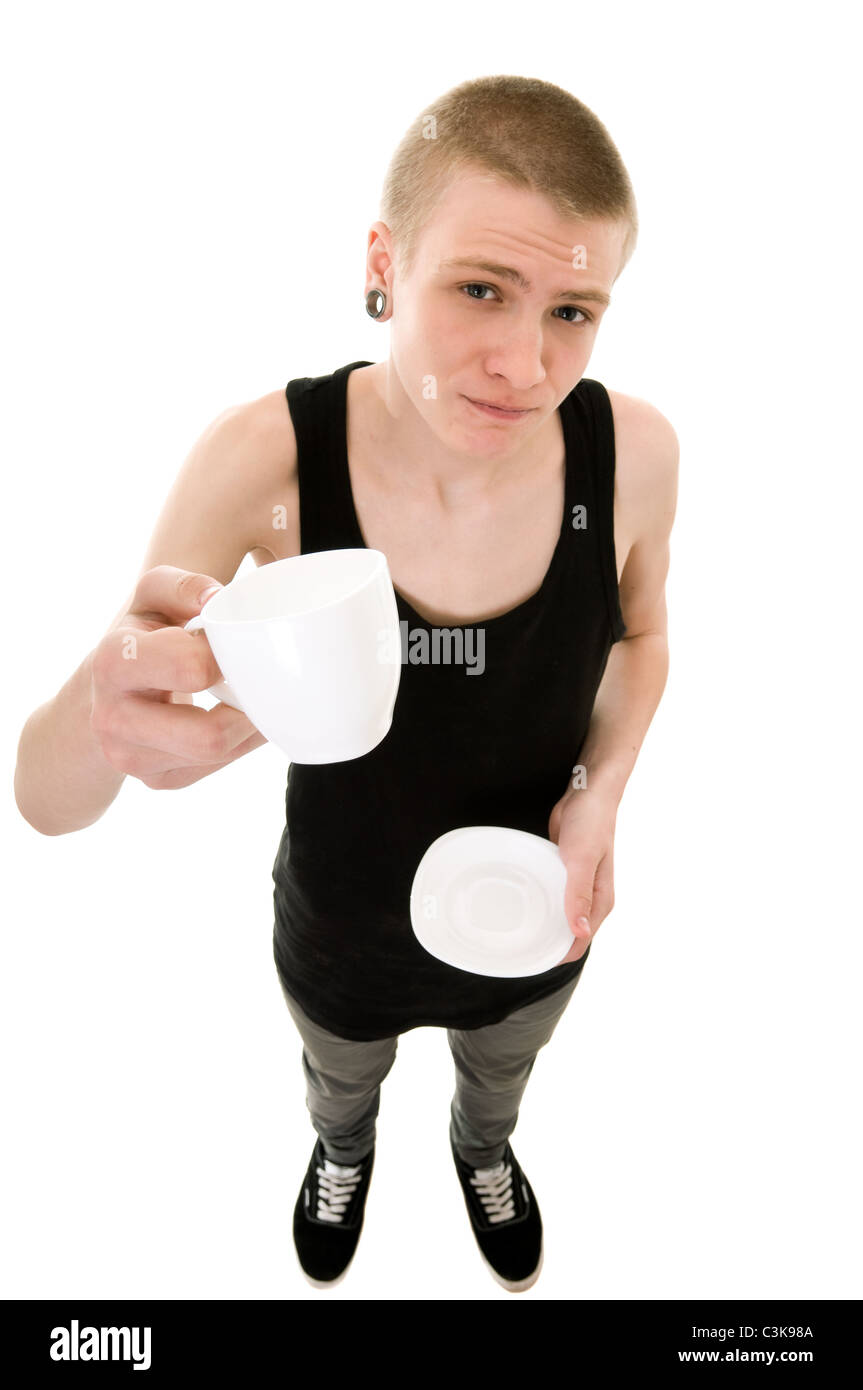 funny skinny teenager with a cup isolated on white background Stock Photo