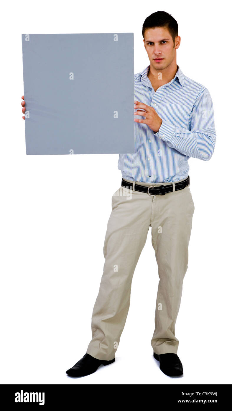 Portrait of a man showing an empty placard isolated over white Stock ...
