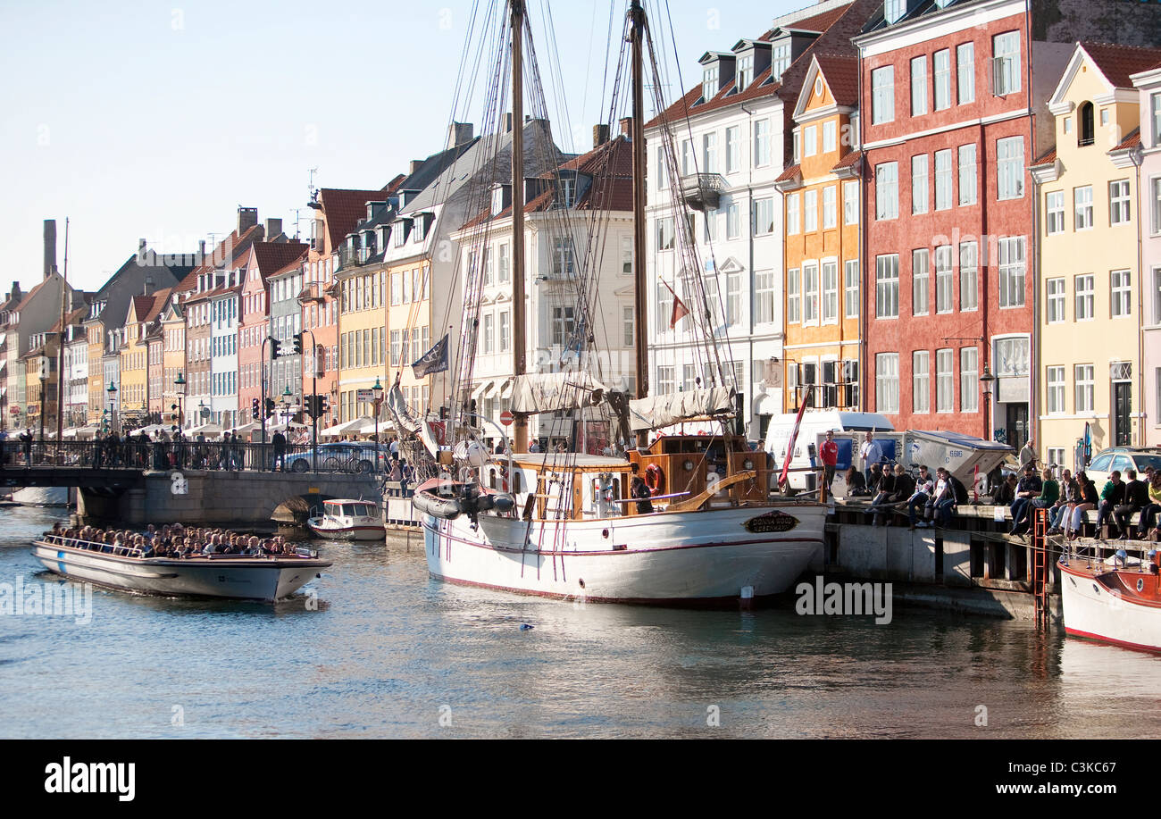 Waterfront with boats and cafes Stock Photo