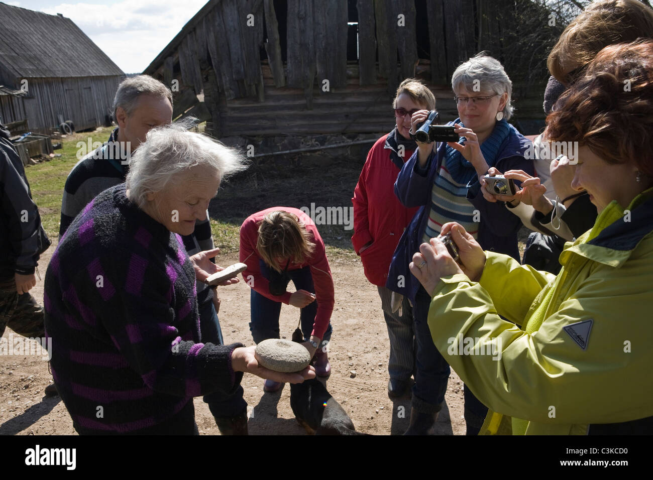 Latvian elderly woman shows cup-marked stone found on the field at Livu yard, Kocenu district, near Valmiera, Latvia Stock Photo