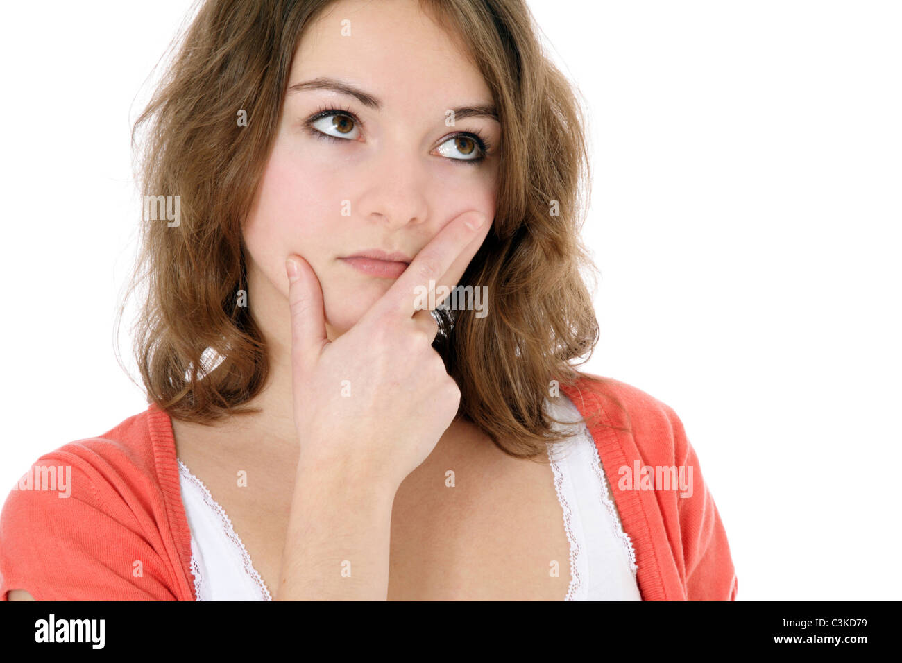 Attractive young woman deliberates a decision. All on white background. Stock Photo