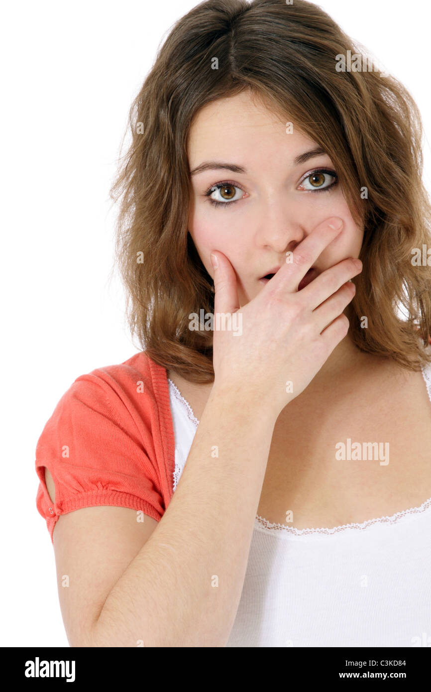 Surprised young woman. All on white background Stock Photo - Alamy