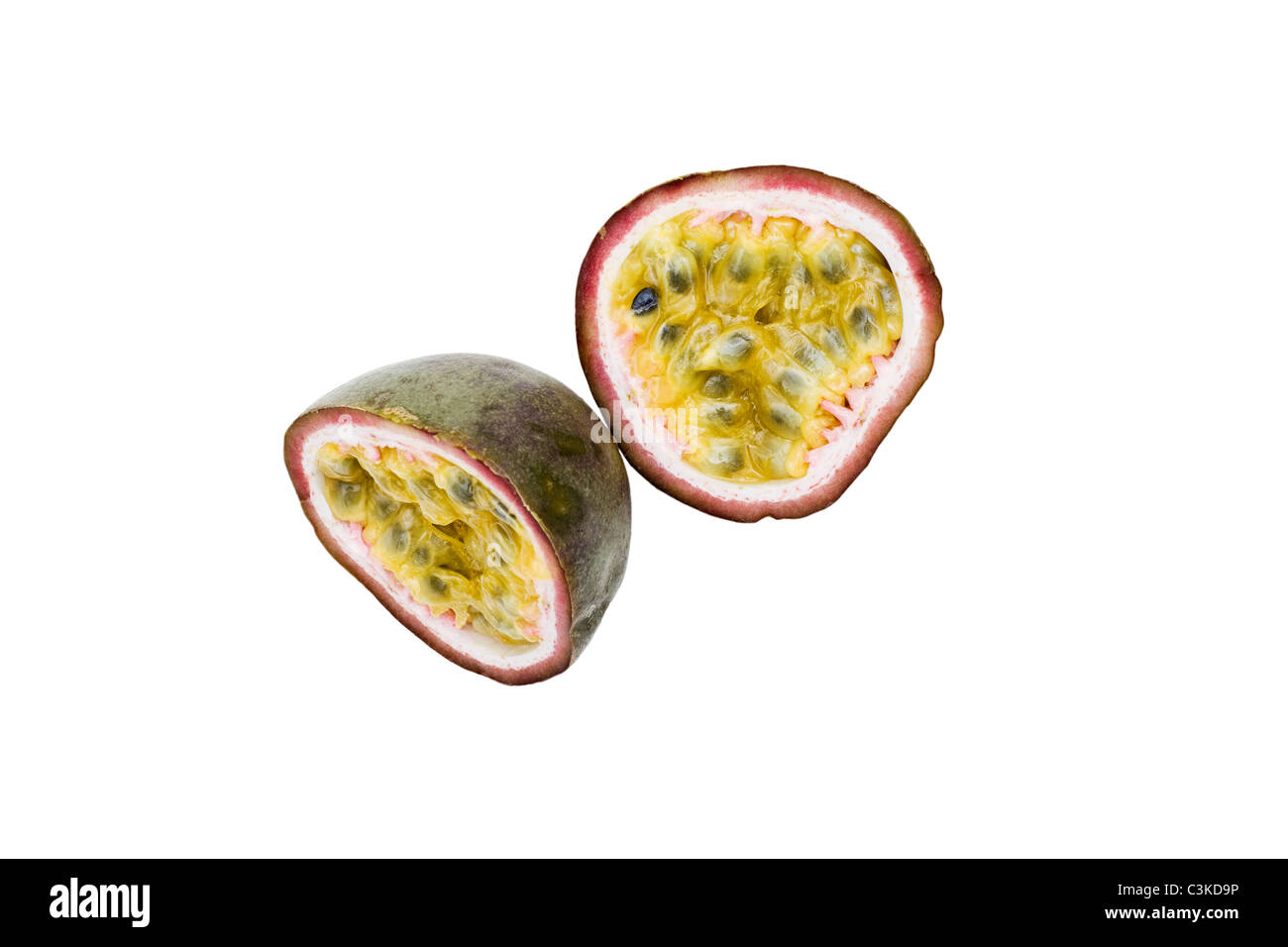 Close-up studio shot of organic passion fruit cut in two Stock Photo