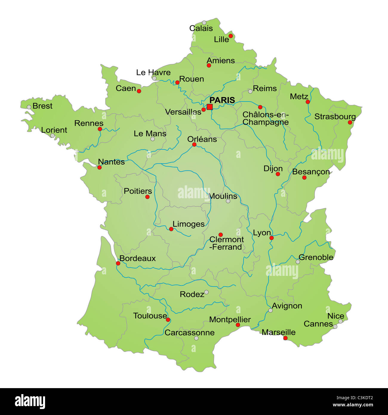 Stylized map of France showing provinces, rivers and cities. All on white background. French caption Stock Photo