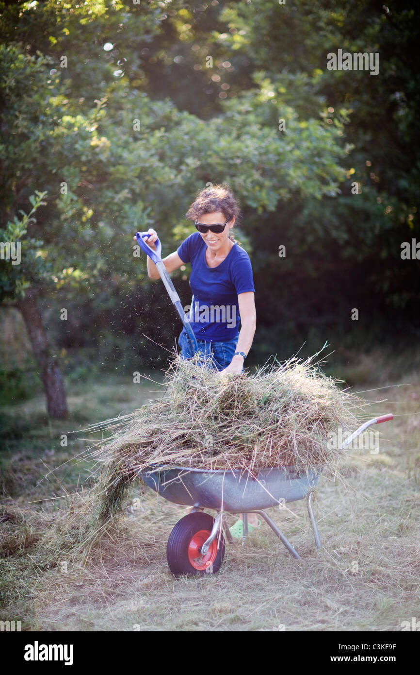 Woman filling wheelbarrow with grass Stock Photo - Alamy