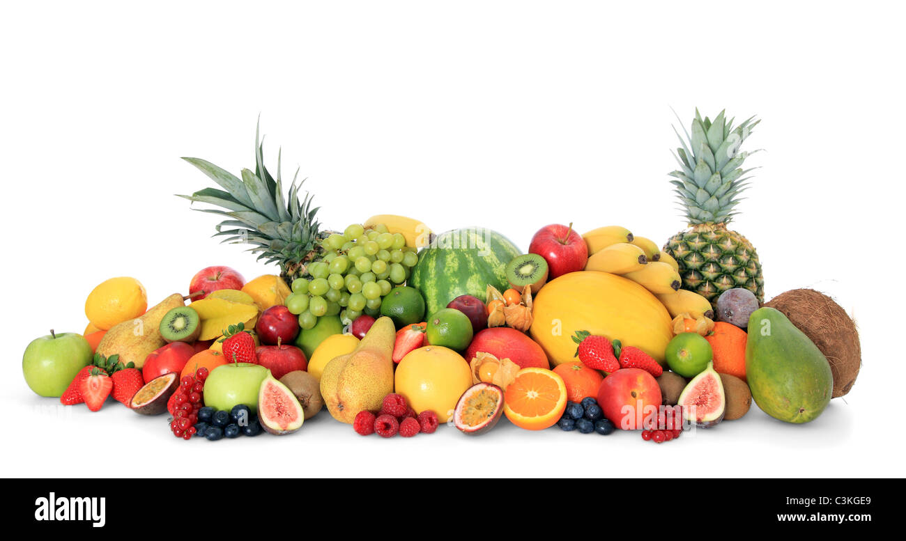 Pile of various ripe fruits. All on white background Stock Photo - Alamy