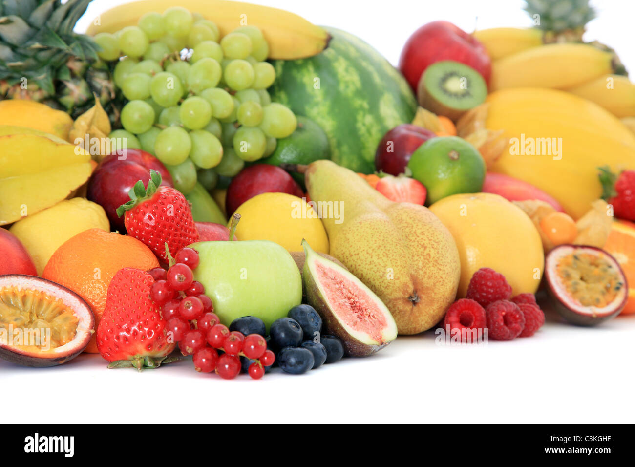 Pile of various ripe fruits. All on white background Stock Photo - Alamy