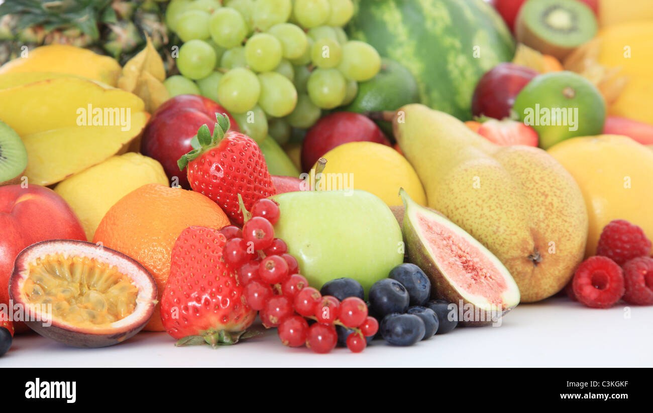Pile of various ripe fruits. All on white background Stock Photo - Alamy