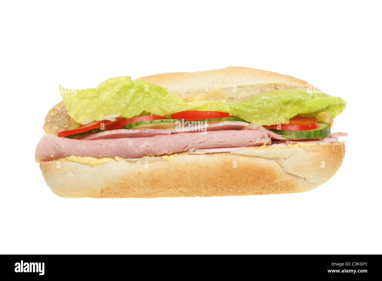 Ham and salad sub roll isolated on white Stock Photo