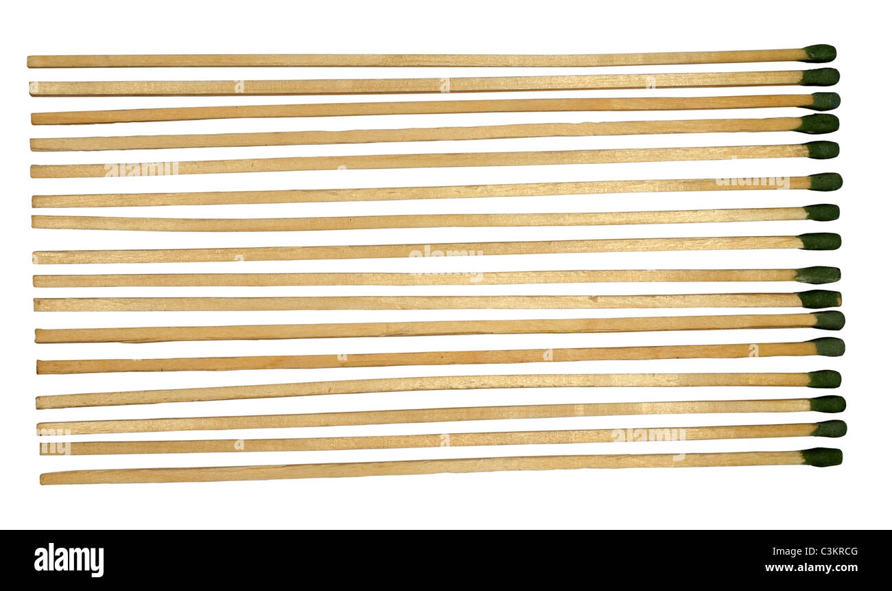a macro shot of 16 matches showing fine detail including wood grain, with a short depth of field. on a white background Stock Photo