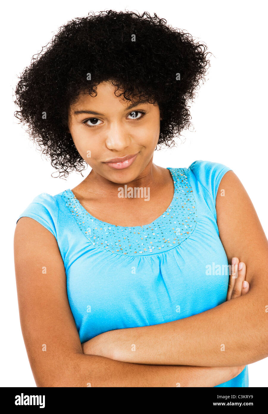 Portrait of a teenage girl posing and smiling isolated over white Stock ...