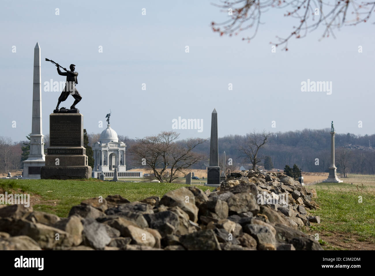 Various monuments, seen from "The Angle", Gettysburg, Pennsylvania Stock Photo