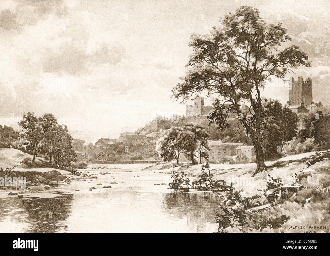 The River Swale, Richmond, North Yorkshire, England in the late 19th century. Stock Photo
