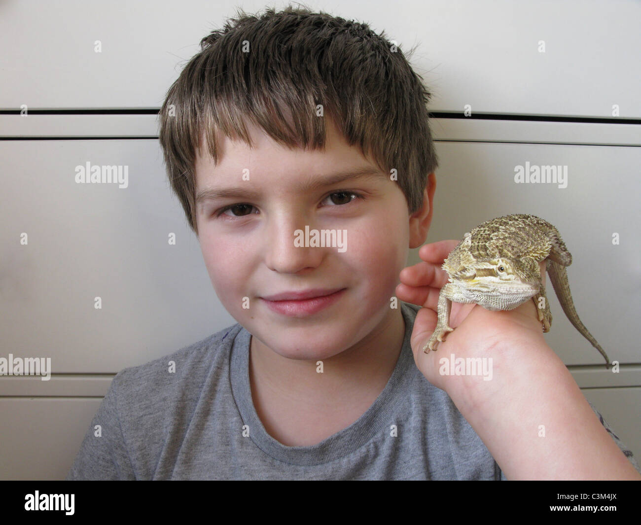 Teenage boy holds a pet Bearded Lizard Stock Photo - Alamy