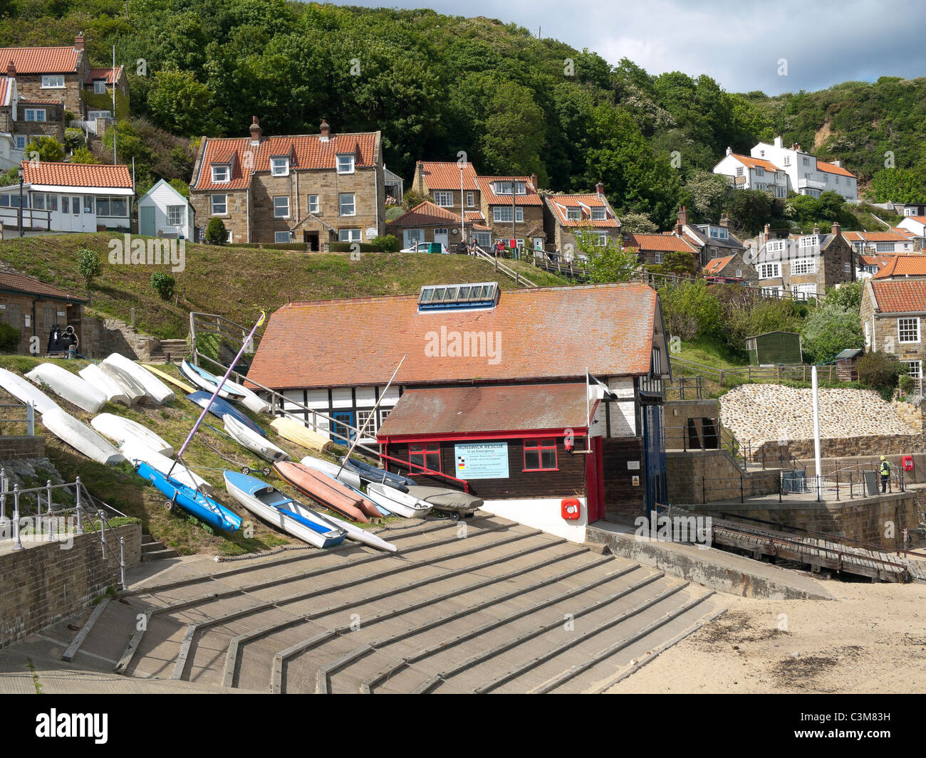 Normally unmanned marine rescue station in the village of Runswick Bay North Yorkshire England Stock Photo