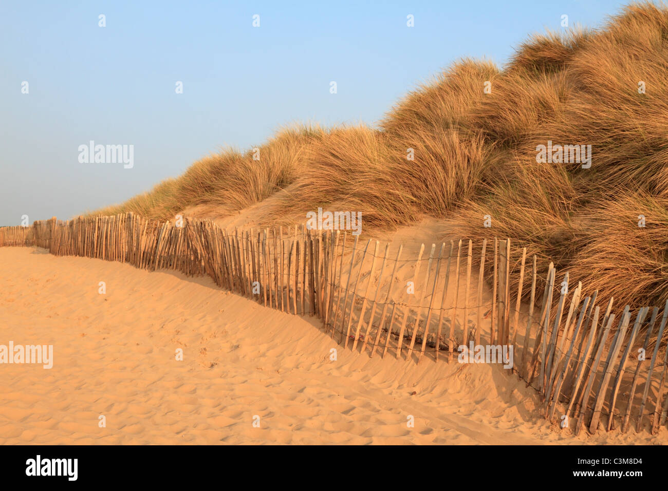 Sand dunes and fencing on Formby Point near Southport, Merseyside ...