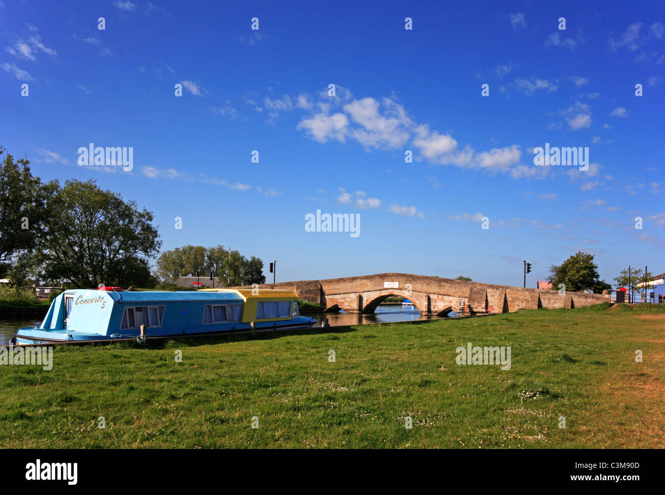 Old medieval bridge over the River Thurne at Potter Heigham, Norfolk, England, United Kingdom