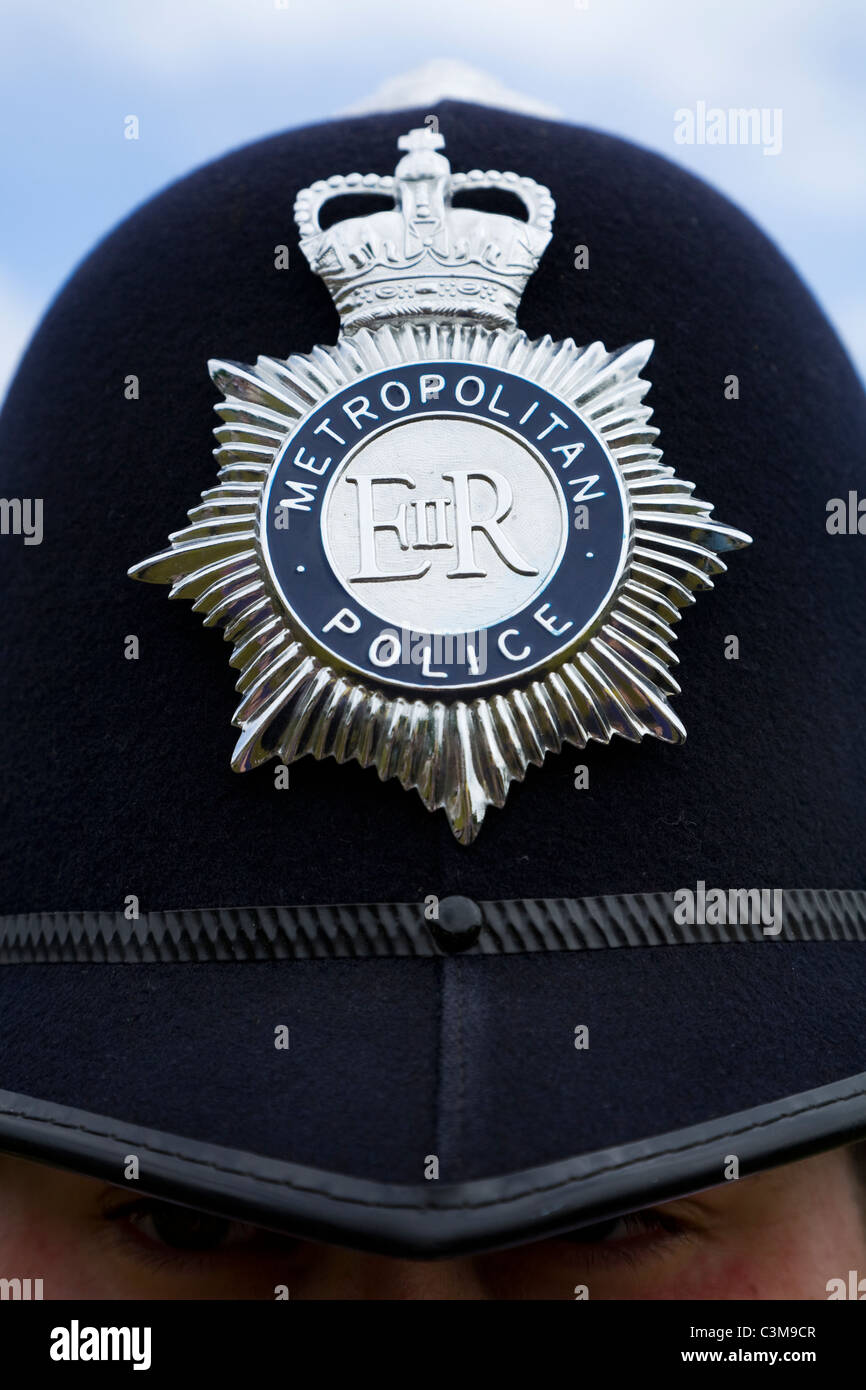 London Metropolitan / Met police / policeman's helmet / hat with cap badge. Stock Photo