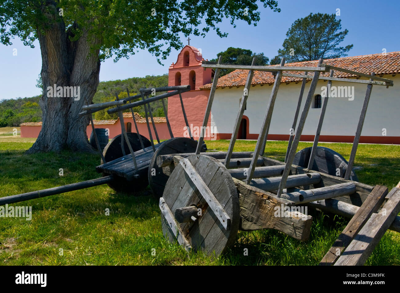 Wooden wagon, La Purisma Mission State Historical Park, near Lompoc, Santa Barbara County, California Stock Photo