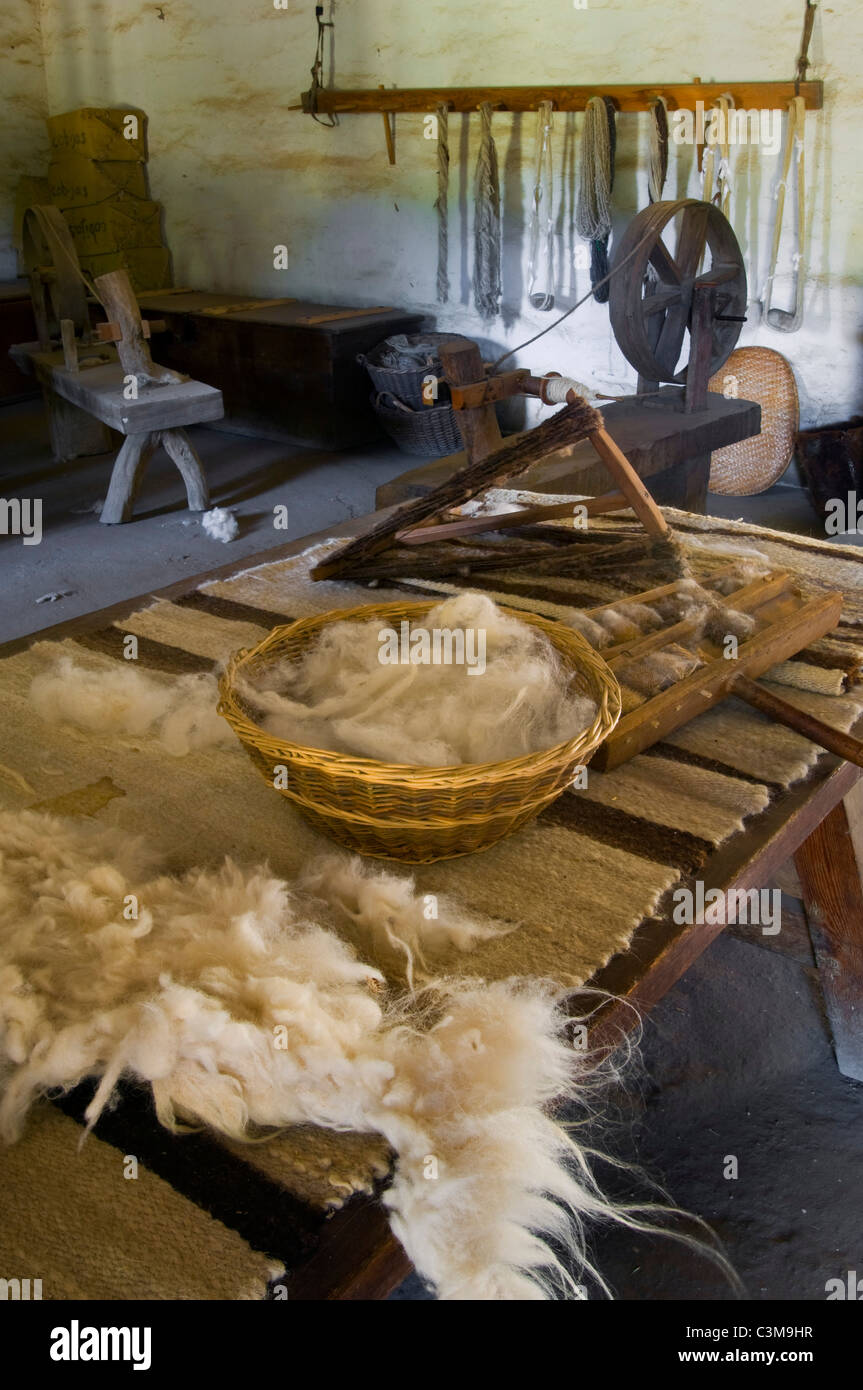 Traditional antique sheep wool and weaving exhibit, La Purisma Mission State Historical Park, near Lompoc, California Stock Photo