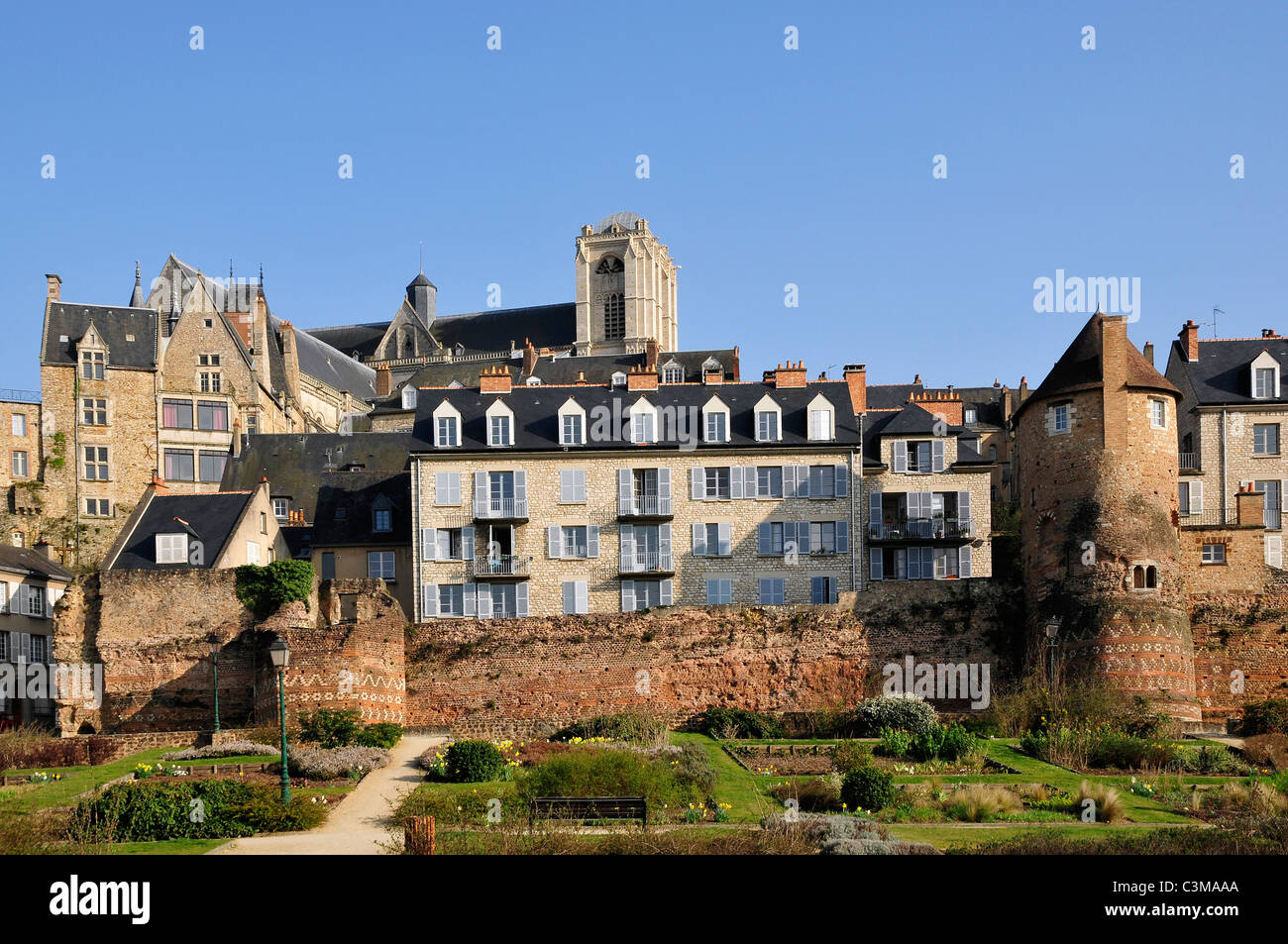 Old town of Le Mans with the cathedral of Saint Julien in the background in the Pays de la Loire region in north-western France Stock Photo